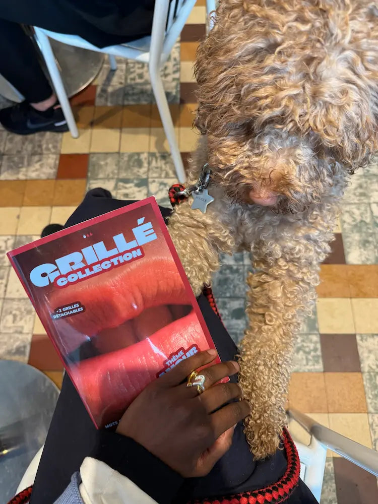 Cahier Grillé Collection rouge tenu par une main, mots fléchés nouvelle génération avec définitions modernes et pop culture
