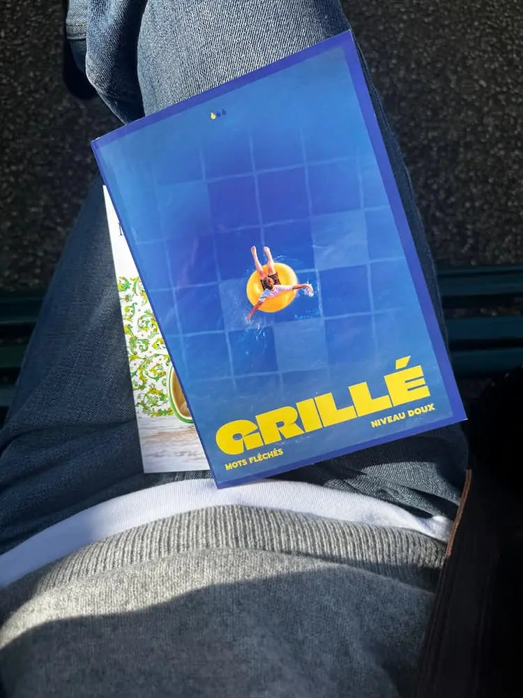 Cahier Grillé niveau doux mots fléchés nouvelle génération avec illustration colorée sur fond bleu